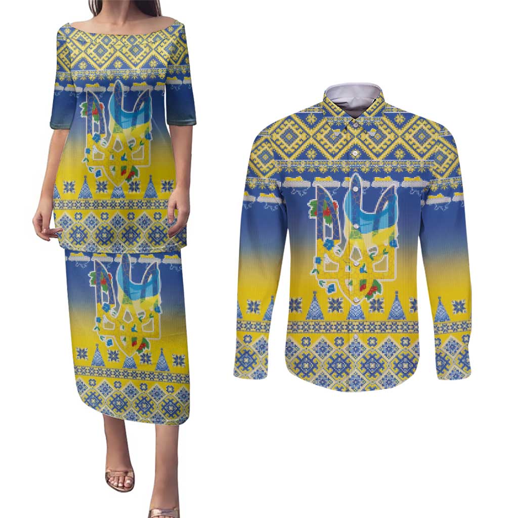 Ukraine Merry Christmas Couples Matching Puletasi and Long Sleeve Button Shirt Ukraine Emblem and Vyshyvanka Knitted Effect - Wonder Print Shop
