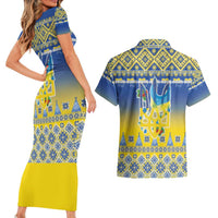 Ukraine Merry Christmas Couples Matching Short Sleeve Bodycon Dress and Hawaiian Shirt Ukraine Emblem and Vyshyvanka Knitted Effect - Wonder Print Shop