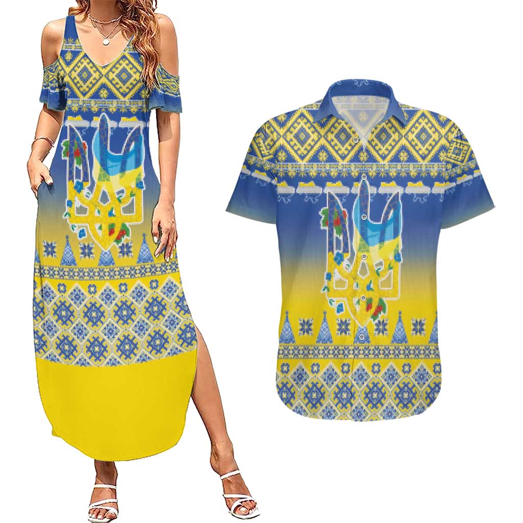 Ukraine Merry Christmas Couples Matching Summer Maxi Dress and Hawaiian Shirt Ukraine Emblem and Vyshyvanka Knitted Effect - Wonder Print Shop