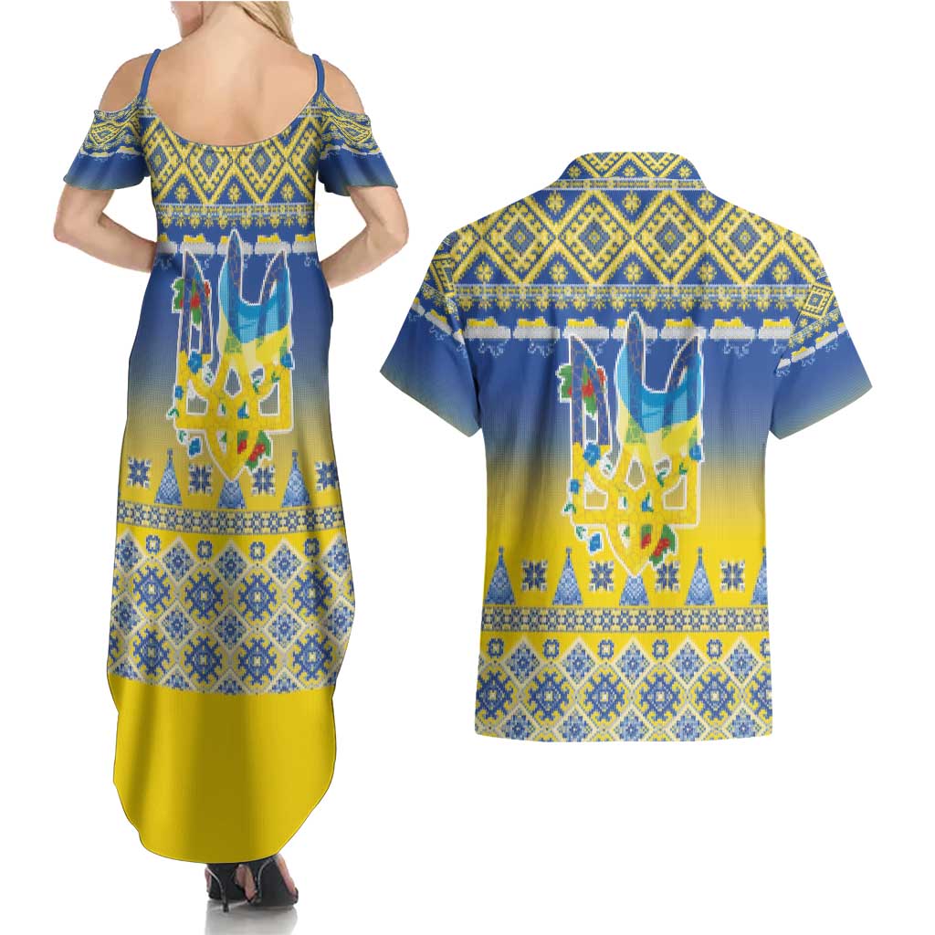 Ukraine Merry Christmas Couples Matching Summer Maxi Dress and Hawaiian Shirt Ukraine Emblem and Vyshyvanka Knitted Effect - Wonder Print Shop