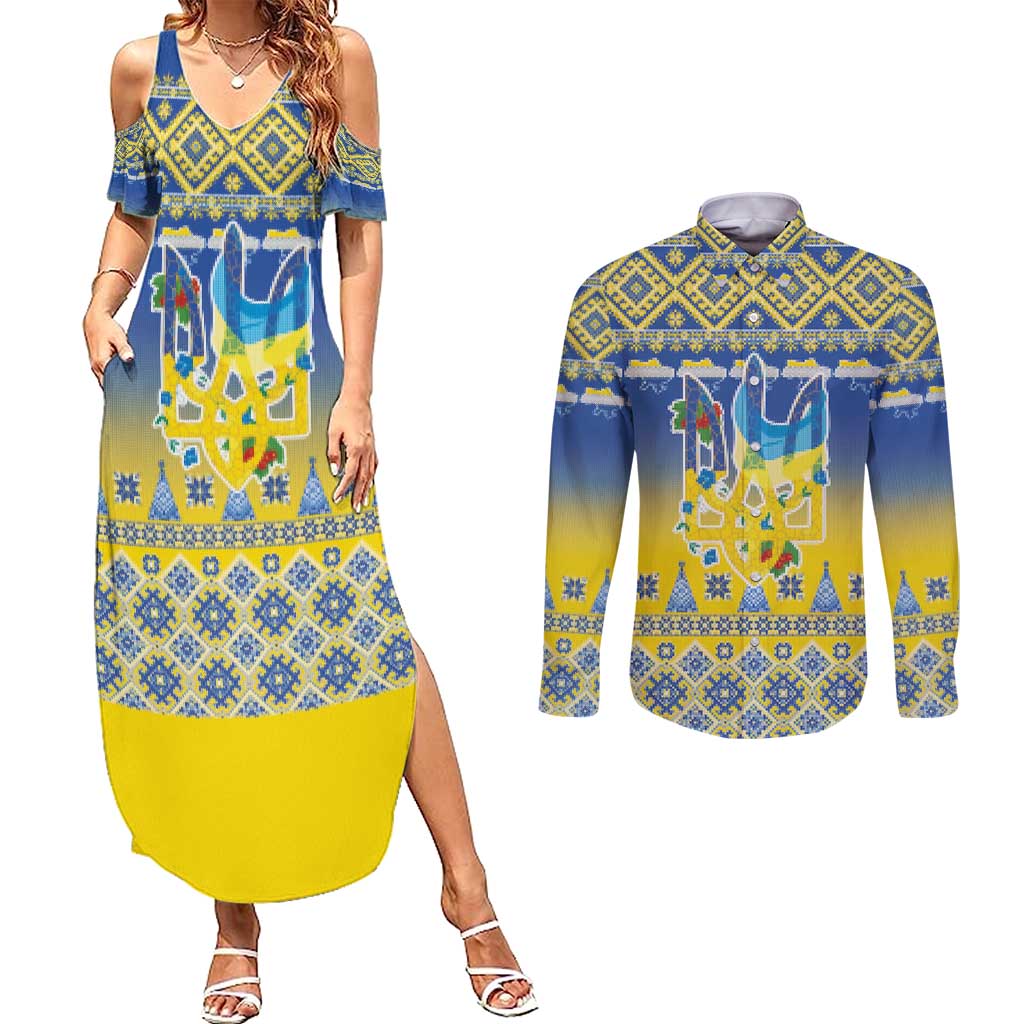 Ukraine Merry Christmas Couples Matching Summer Maxi Dress and Long Sleeve Button Shirt Ukraine Emblem and Vyshyvanka Knitted Effect - Wonder Print Shop