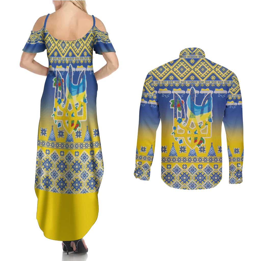 Ukraine Merry Christmas Couples Matching Summer Maxi Dress and Long Sleeve Button Shirt Ukraine Emblem and Vyshyvanka Knitted Effect - Wonder Print Shop