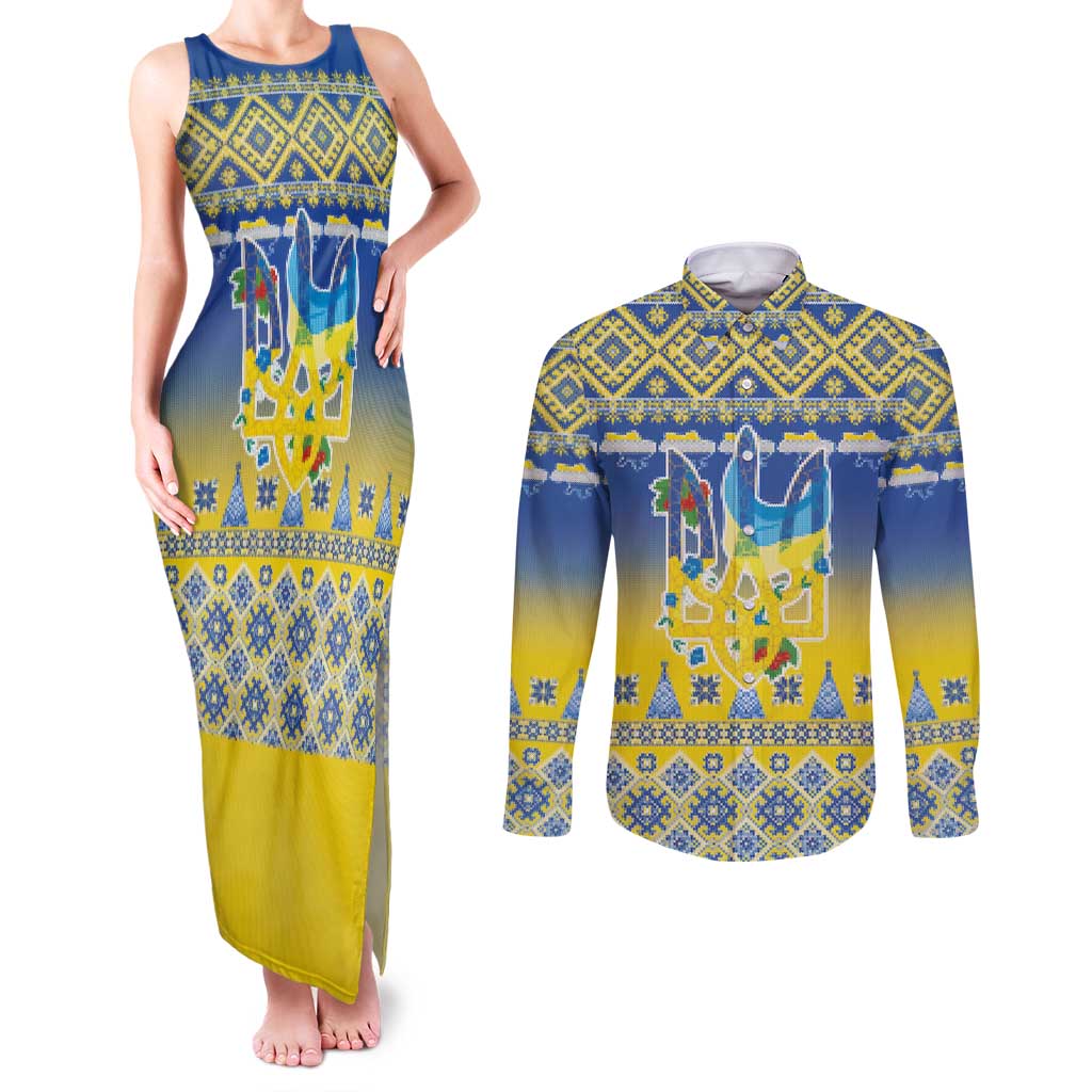 Ukraine Merry Christmas Couples Matching Tank Maxi Dress and Long Sleeve Button Shirt Ukraine Emblem and Vyshyvanka Knitted Effect - Wonder Print Shop