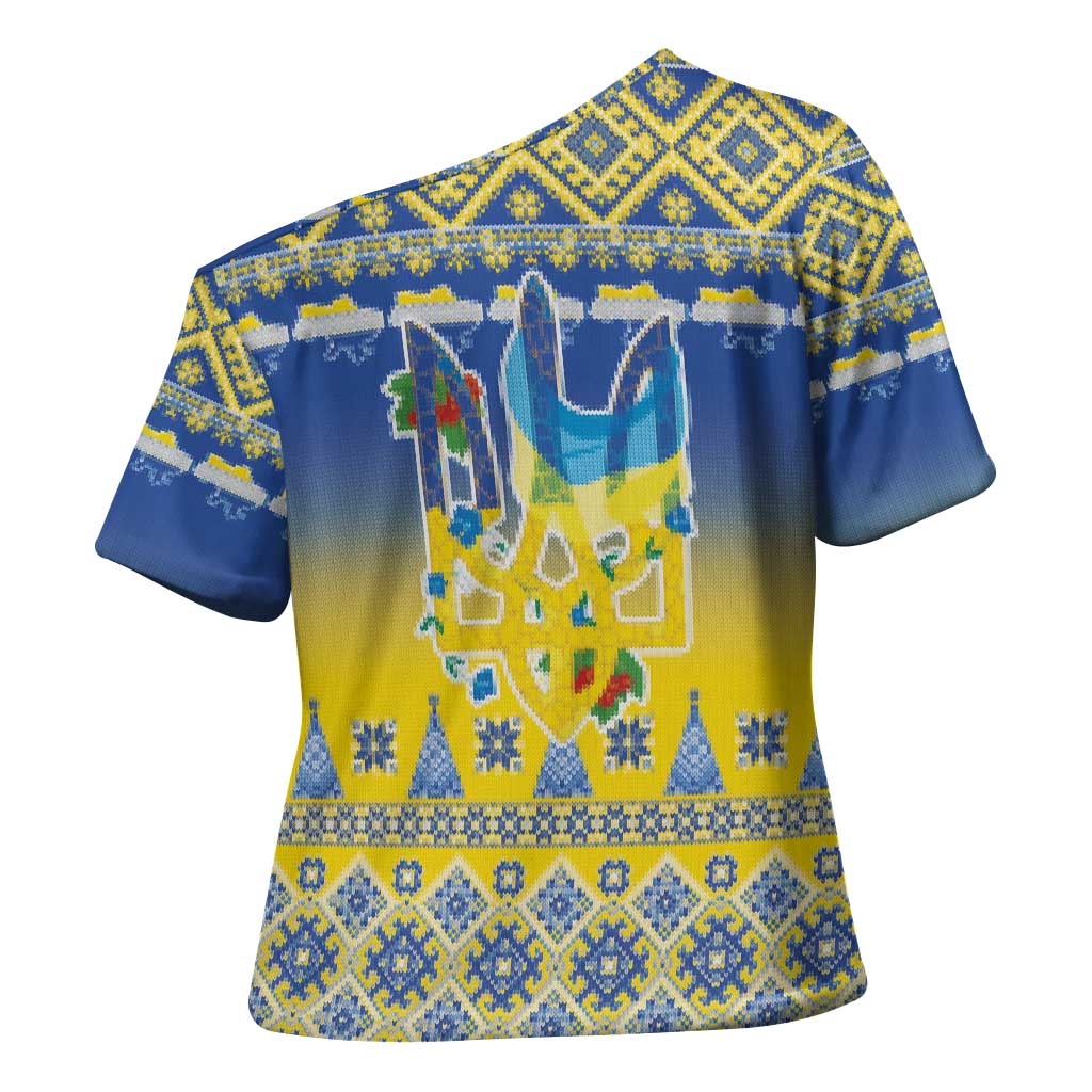 Ukraine Merry Christmas Cross Shoulder Shirt Ukraine Emblem and Vyshyvanka Knitted Effect - Wonder Print Shop