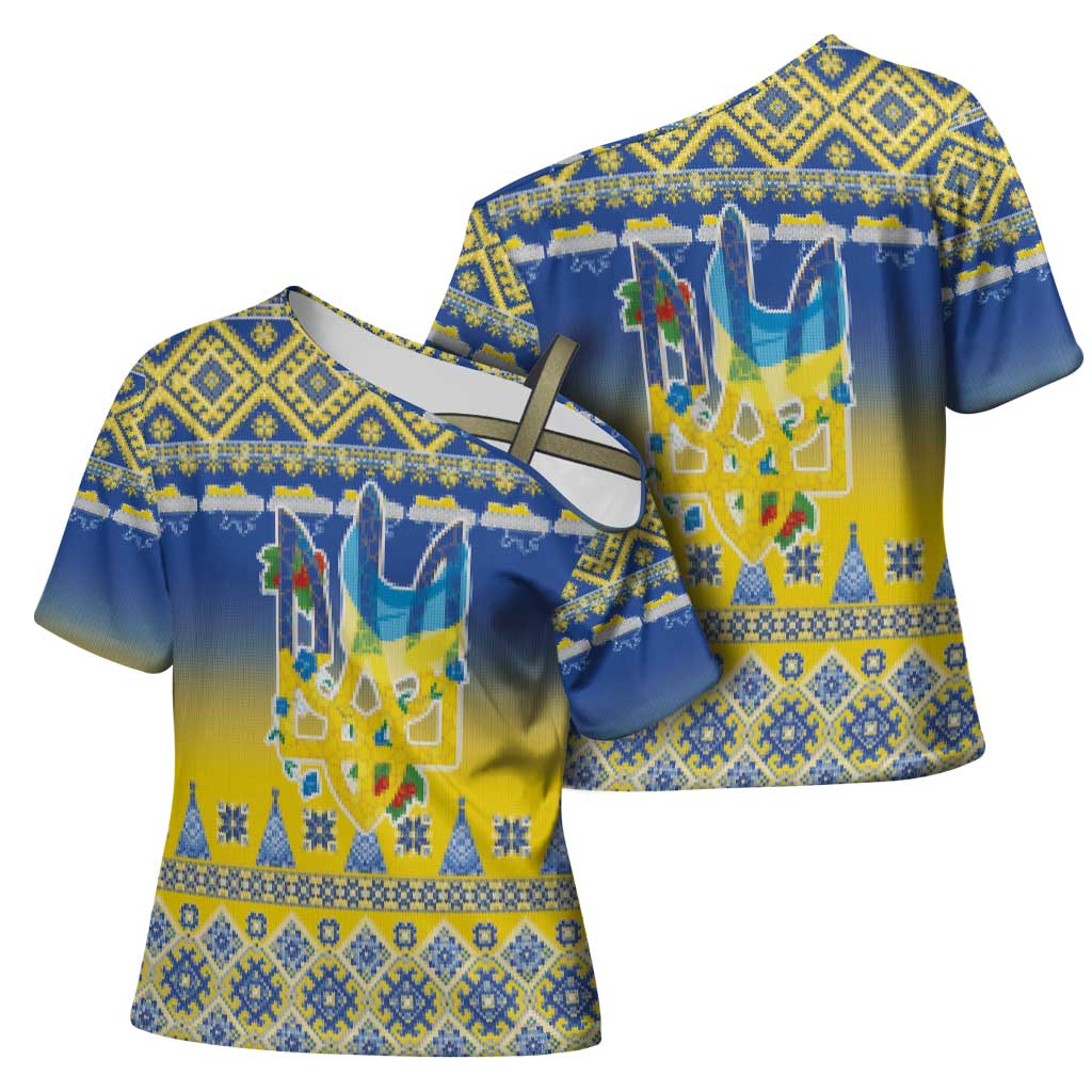 Ukraine Merry Christmas Cross Shoulder Shirt Ukraine Emblem and Vyshyvanka Knitted Effect - Wonder Print Shop
