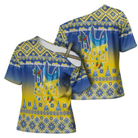 Ukraine Merry Christmas Cross Shoulder Shirt Ukraine Emblem and Vyshyvanka Knitted Effect - Wonder Print Shop