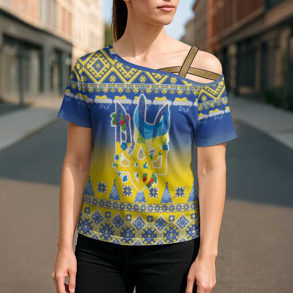 Ukraine Merry Christmas Cross Shoulder Shirt Ukraine Emblem and Vyshyvanka Knitted Effect - Wonder Print Shop
