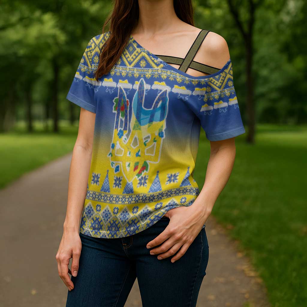 Ukraine Merry Christmas Cross Shoulder Shirt Ukraine Emblem and Vyshyvanka Knitted Effect - Wonder Print Shop