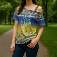 Ukraine Merry Christmas Cross Shoulder Shirt Ukraine Emblem and Vyshyvanka Knitted Effect - Wonder Print Shop