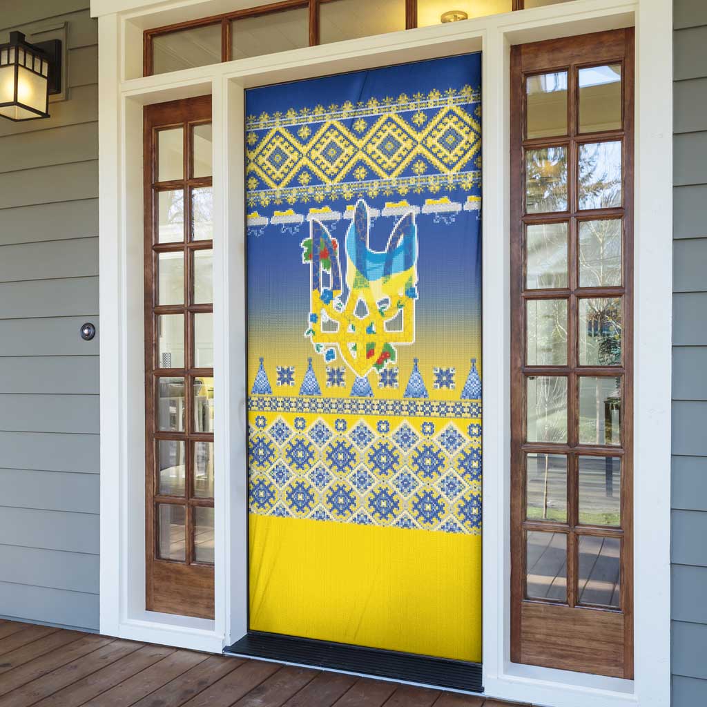 Ukraine Merry Christmas Door Cover Ukraine Emblem and Vyshyvanka Knitted Effect - Wonder Print Shop