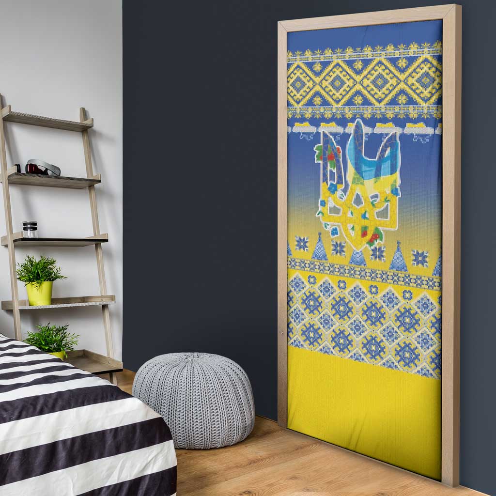 Ukraine Merry Christmas Door Cover Ukraine Emblem and Vyshyvanka Knitted Effect - Wonder Print Shop