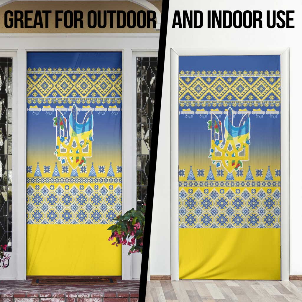 Ukraine Merry Christmas Door Cover Ukraine Emblem and Vyshyvanka Knitted Effect - Wonder Print Shop