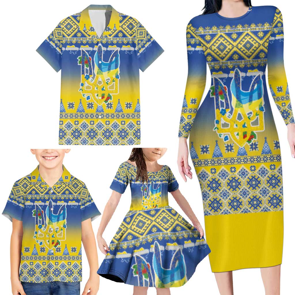 Ukraine Merry Christmas Family Matching Long Sleeve Bodycon Dress and Hawaiian Shirt Ukraine Emblem and Vyshyvanka Knitted Effect - Wonder Print Shop
