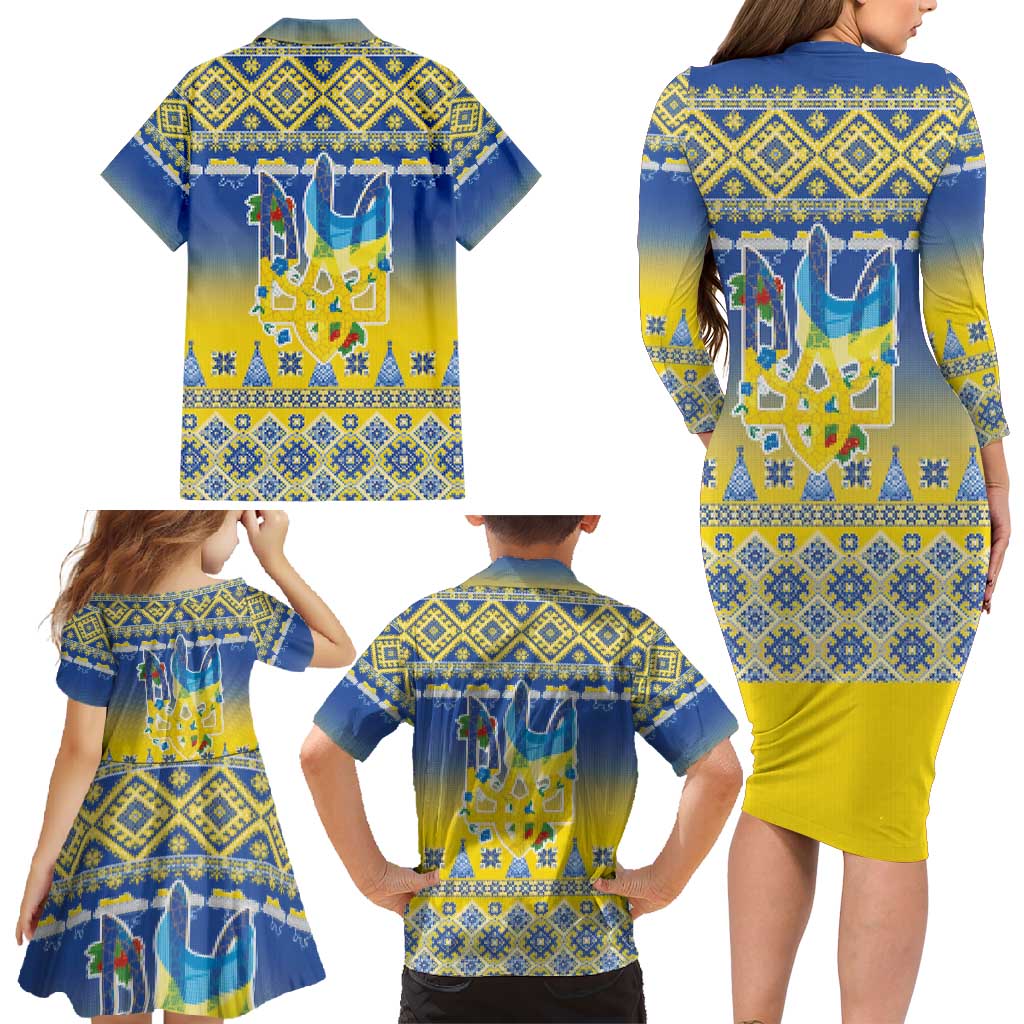 Ukraine Merry Christmas Family Matching Long Sleeve Bodycon Dress and Hawaiian Shirt Ukraine Emblem and Vyshyvanka Knitted Effect - Wonder Print Shop