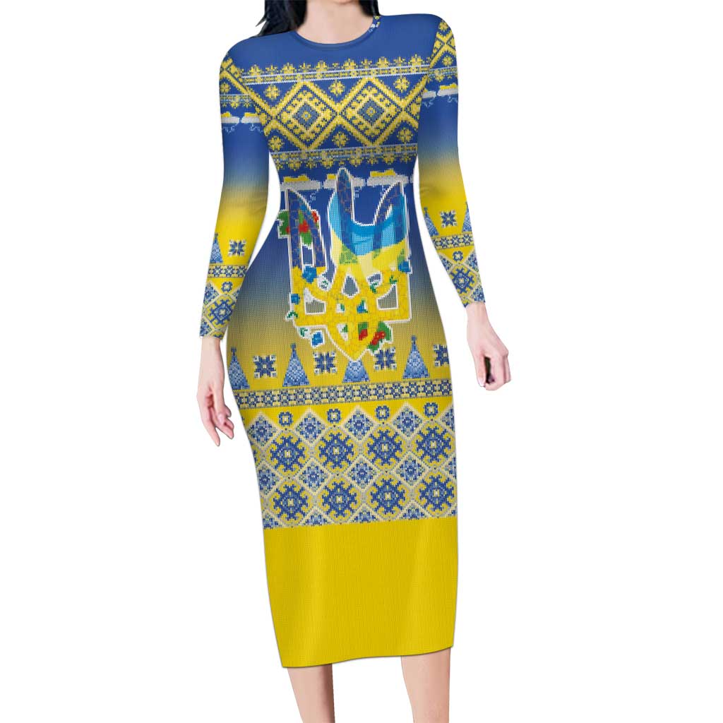 Ukraine Merry Christmas Family Matching Long Sleeve Bodycon Dress and Hawaiian Shirt Ukraine Emblem and Vyshyvanka Knitted Effect - Wonder Print Shop