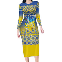 Ukraine Merry Christmas Family Matching Long Sleeve Bodycon Dress and Hawaiian Shirt Ukraine Emblem and Vyshyvanka Knitted Effect - Wonder Print Shop