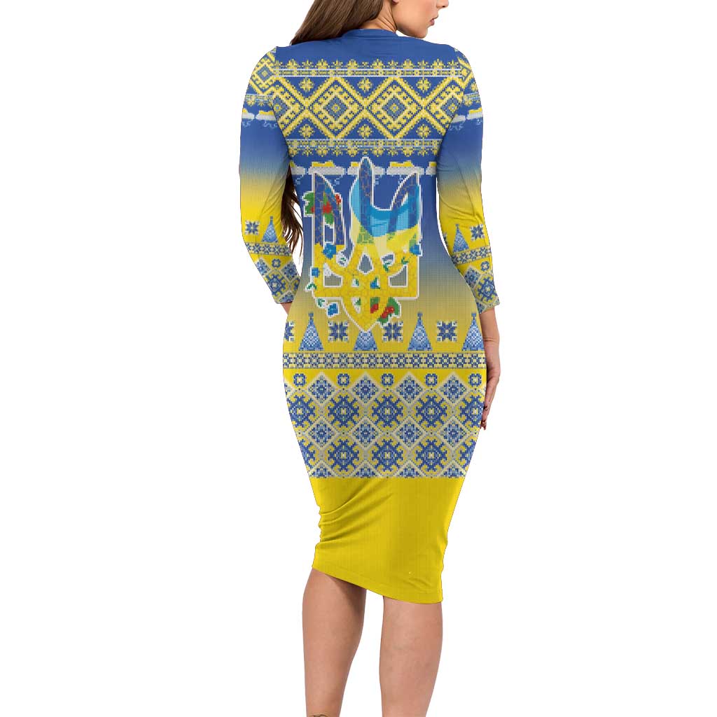 Ukraine Merry Christmas Family Matching Long Sleeve Bodycon Dress and Hawaiian Shirt Ukraine Emblem and Vyshyvanka Knitted Effect - Wonder Print Shop