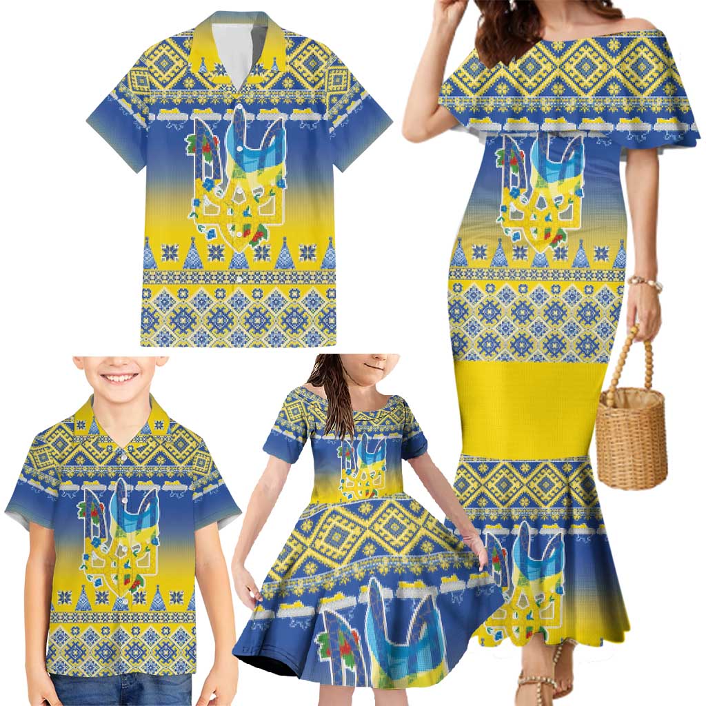 Ukraine Merry Christmas Family Matching Mermaid Dress and Hawaiian Shirt Ukraine Emblem and Vyshyvanka Knitted Effect - Wonder Print Shop