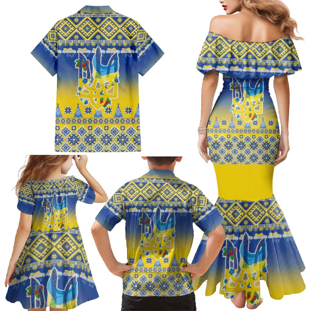 Ukraine Merry Christmas Family Matching Mermaid Dress and Hawaiian Shirt Ukraine Emblem and Vyshyvanka Knitted Effect - Wonder Print Shop