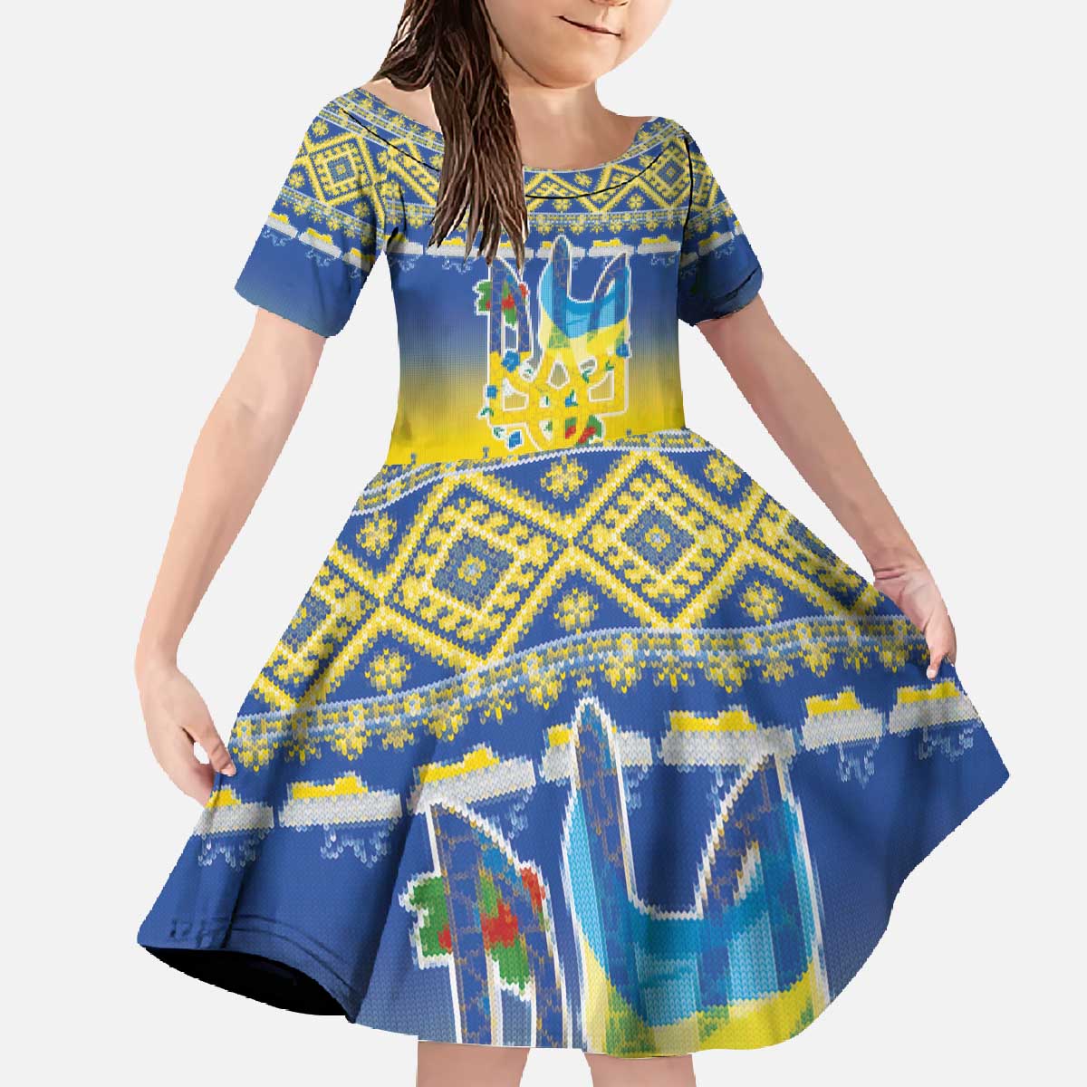 Ukraine Merry Christmas Family Matching Off The Shoulder Long Sleeve Dress and Hawaiian Shirt Ukraine Emblem and Vyshyvanka Knitted Effect - Wonder Print Shop