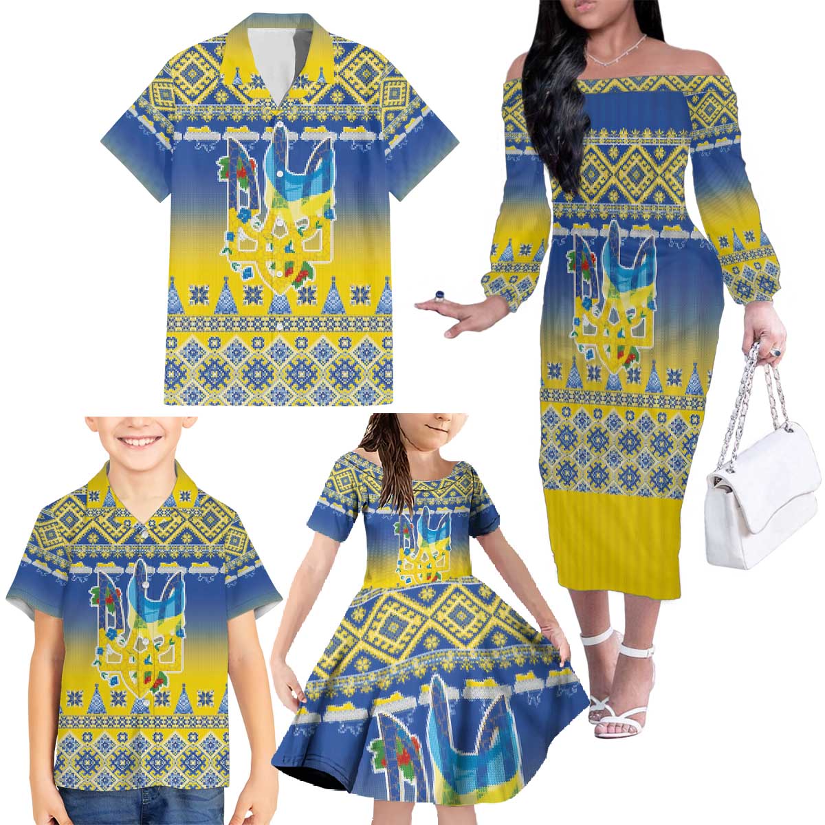 Ukraine Merry Christmas Family Matching Off The Shoulder Long Sleeve Dress and Hawaiian Shirt Ukraine Emblem and Vyshyvanka Knitted Effect - Wonder Print Shop