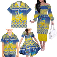 Ukraine Merry Christmas Family Matching Off The Shoulder Long Sleeve Dress and Hawaiian Shirt Ukraine Emblem and Vyshyvanka Knitted Effect - Wonder Print Shop