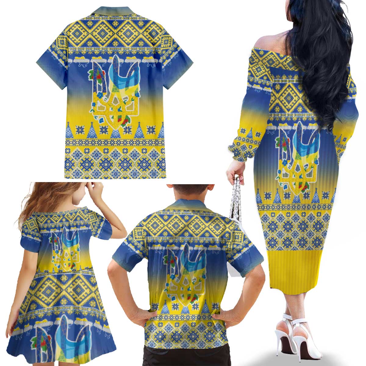 Ukraine Merry Christmas Family Matching Off The Shoulder Long Sleeve Dress and Hawaiian Shirt Ukraine Emblem and Vyshyvanka Knitted Effect - Wonder Print Shop