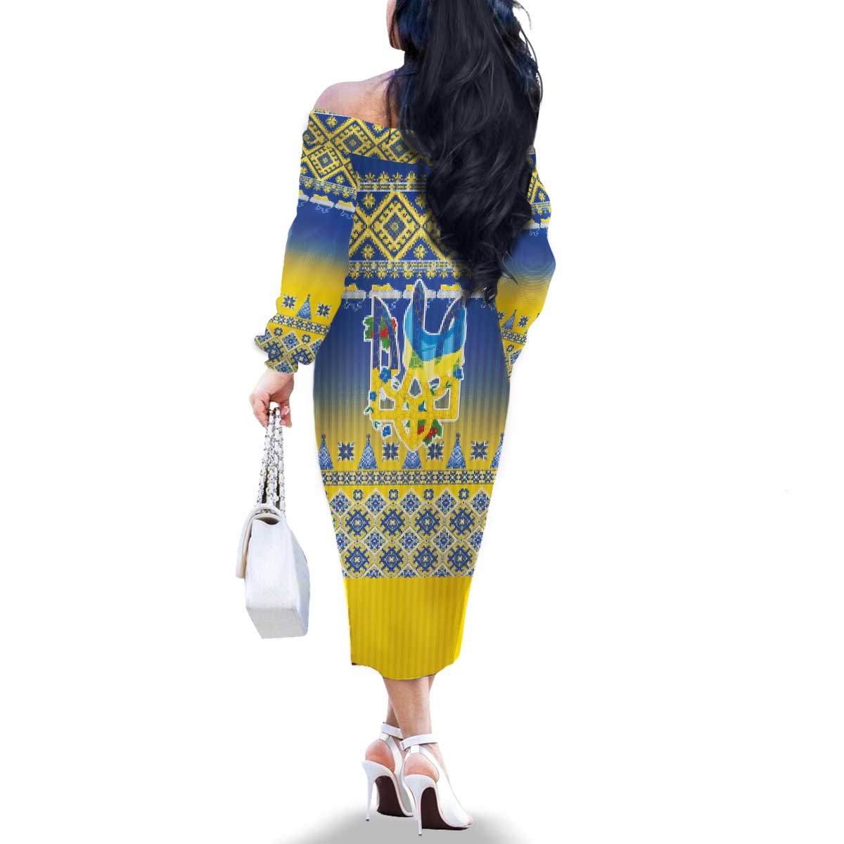 Ukraine Merry Christmas Family Matching Off The Shoulder Long Sleeve Dress and Hawaiian Shirt Ukraine Emblem and Vyshyvanka Knitted Effect - Wonder Print Shop