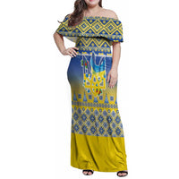 Ukraine Merry Christmas Family Matching Off Shoulder Maxi Dress and Hawaiian Shirt Ukraine Emblem and Vyshyvanka Knitted Effect - Wonder Print Shop