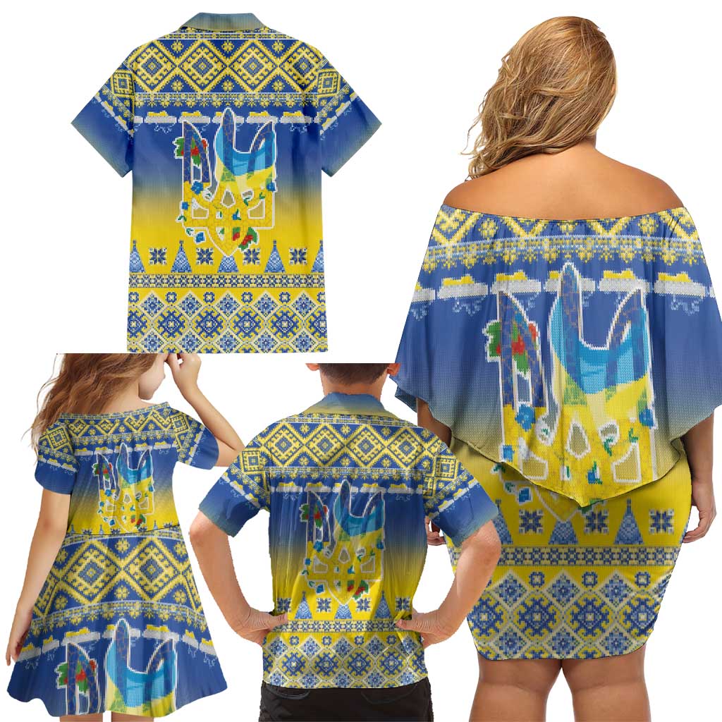 Ukraine Merry Christmas Family Matching Off Shoulder Short Dress and Hawaiian Shirt Ukraine Emblem and Vyshyvanka Knitted Effect - Wonder Print Shop