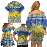Ukraine Merry Christmas Family Matching Off Shoulder Short Dress and Hawaiian Shirt Ukraine Emblem and Vyshyvanka Knitted Effect - Wonder Print Shop