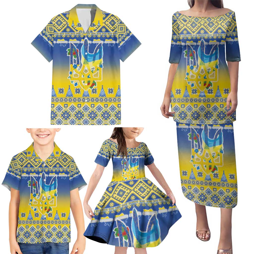 Ukraine Merry Christmas Family Matching Puletasi and Hawaiian Shirt Ukraine Emblem and Vyshyvanka Knitted Effect - Wonder Print Shop