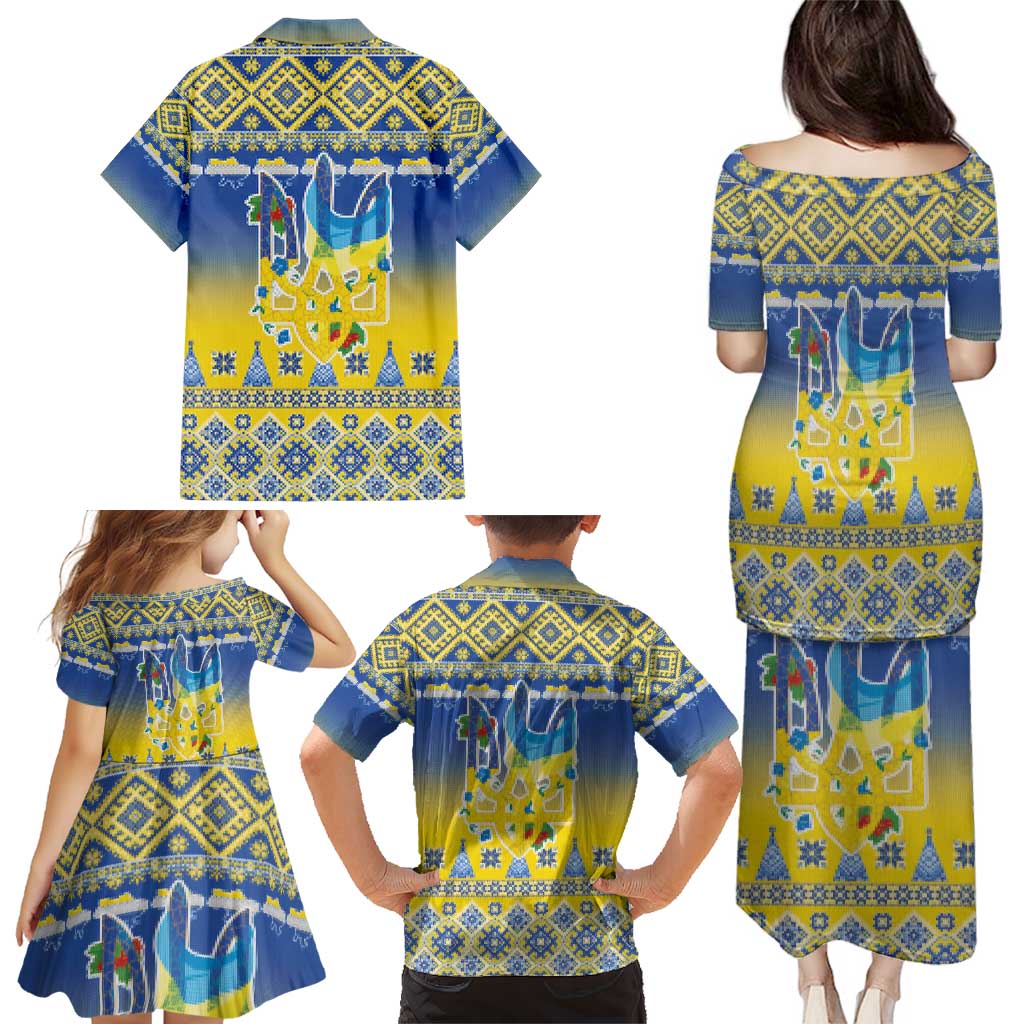 Ukraine Merry Christmas Family Matching Puletasi and Hawaiian Shirt Ukraine Emblem and Vyshyvanka Knitted Effect - Wonder Print Shop