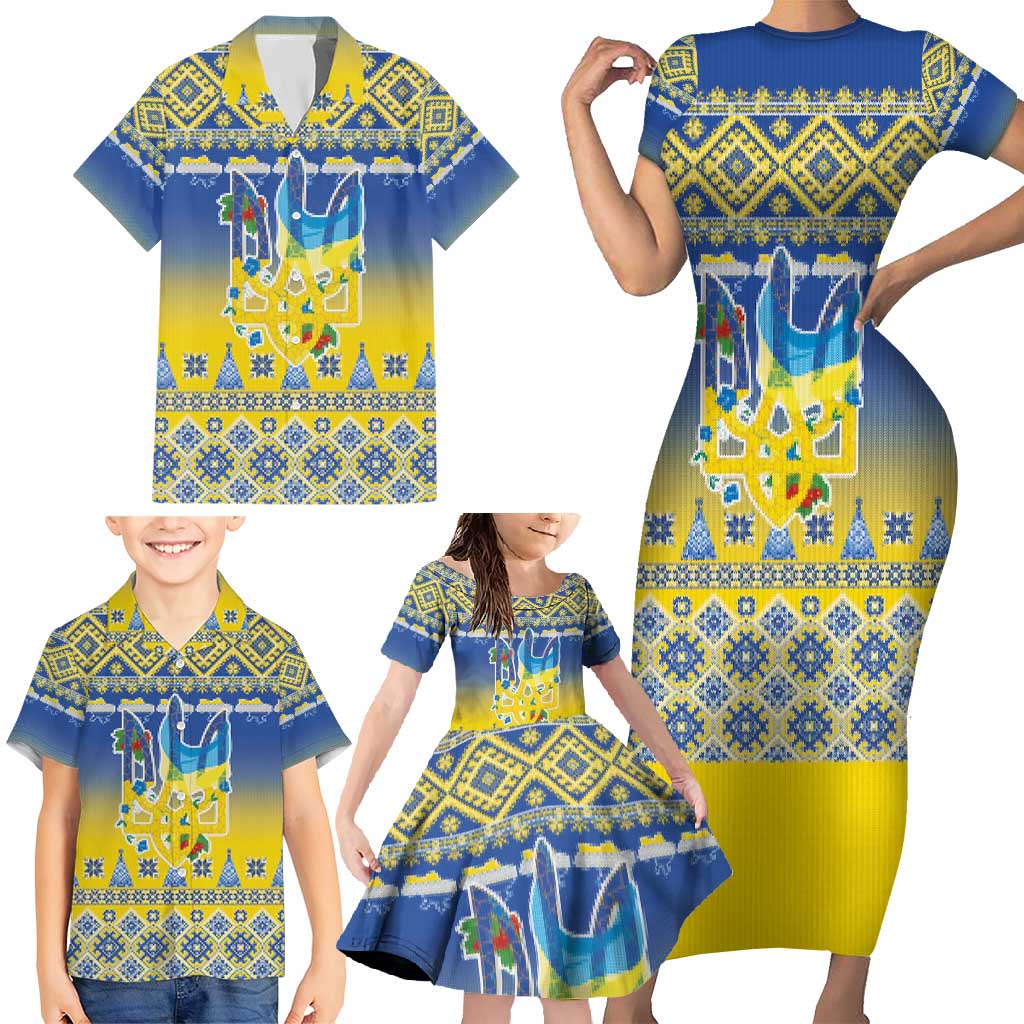 Ukraine Merry Christmas Family Matching Short Sleeve Bodycon Dress and Hawaiian Shirt Ukraine Emblem and Vyshyvanka Knitted Effect - Wonder Print Shop