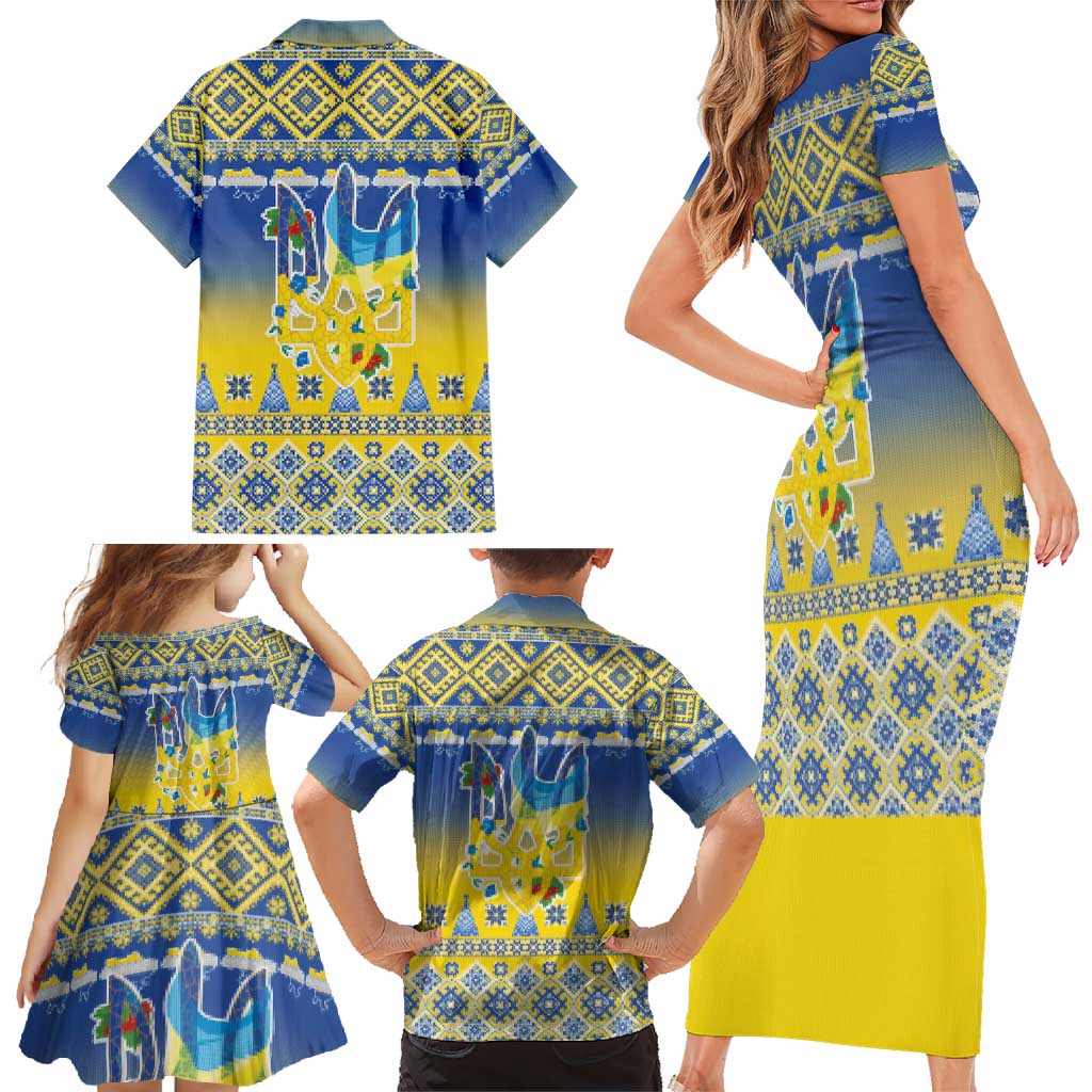 Ukraine Merry Christmas Family Matching Short Sleeve Bodycon Dress and Hawaiian Shirt Ukraine Emblem and Vyshyvanka Knitted Effect - Wonder Print Shop