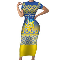 Ukraine Merry Christmas Family Matching Short Sleeve Bodycon Dress and Hawaiian Shirt Ukraine Emblem and Vyshyvanka Knitted Effect - Wonder Print Shop