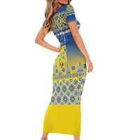 Ukraine Merry Christmas Family Matching Short Sleeve Bodycon Dress and Hawaiian Shirt Ukraine Emblem and Vyshyvanka Knitted Effect - Wonder Print Shop