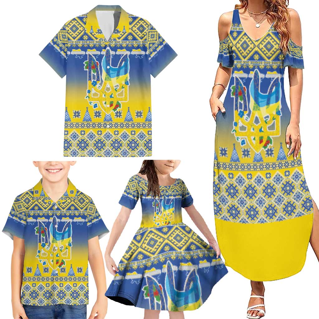 Ukraine Merry Christmas Family Matching Summer Maxi Dress and Hawaiian Shirt Ukraine Emblem and Vyshyvanka Knitted Effect - Wonder Print Shop