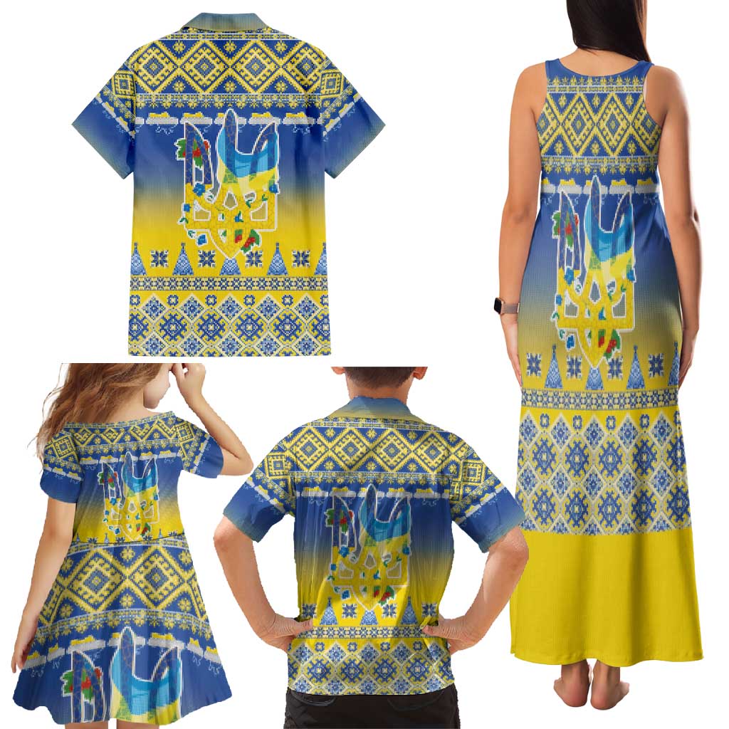 Ukraine Merry Christmas Family Matching Tank Maxi Dress and Hawaiian Shirt Ukraine Emblem and Vyshyvanka Knitted Effect - Wonder Print Shop