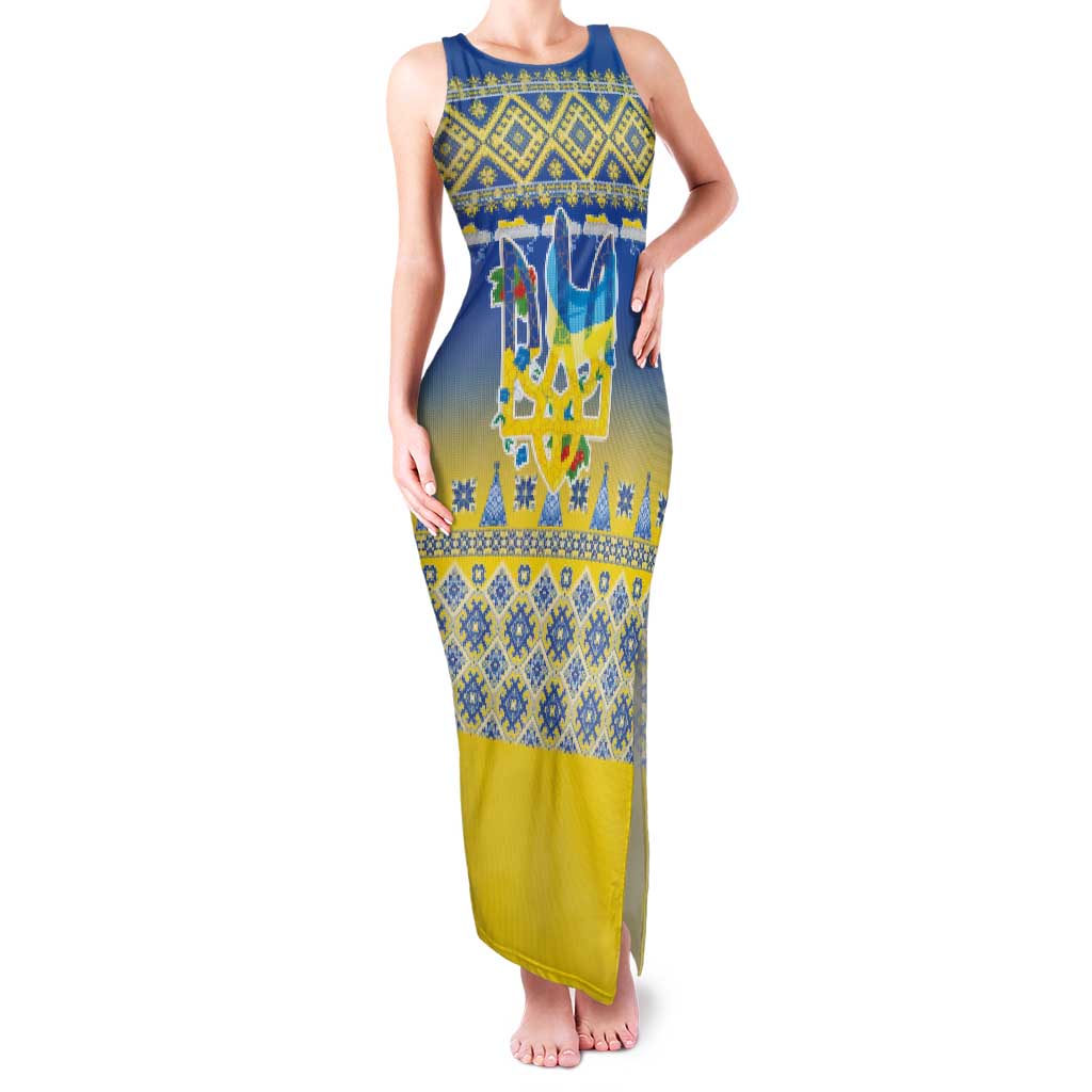 Ukraine Merry Christmas Family Matching Tank Maxi Dress and Hawaiian Shirt Ukraine Emblem and Vyshyvanka Knitted Effect - Wonder Print Shop