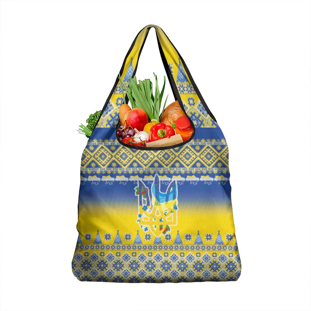 Ukraine Merry Christmas Grocery Bag Ukraine Emblem and Vyshyvanka Knitted Effect - Wonder Print Shop