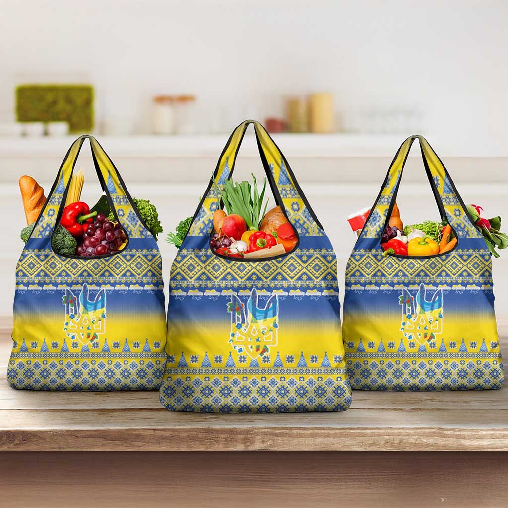 Ukraine Merry Christmas Grocery Bag Ukraine Emblem and Vyshyvanka Knitted Effect - Wonder Print Shop