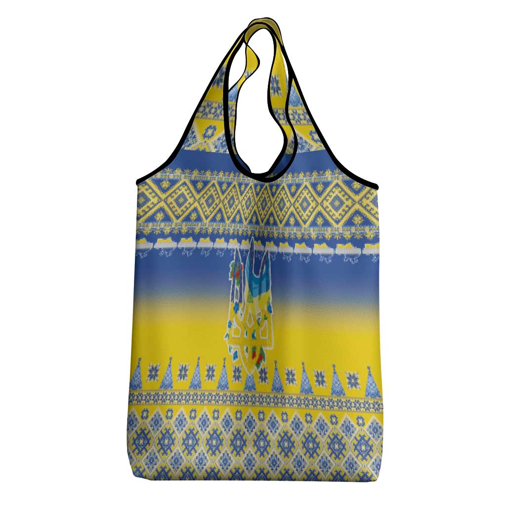 Ukraine Merry Christmas Grocery Bag Ukraine Emblem and Vyshyvanka Knitted Effect - Wonder Print Shop