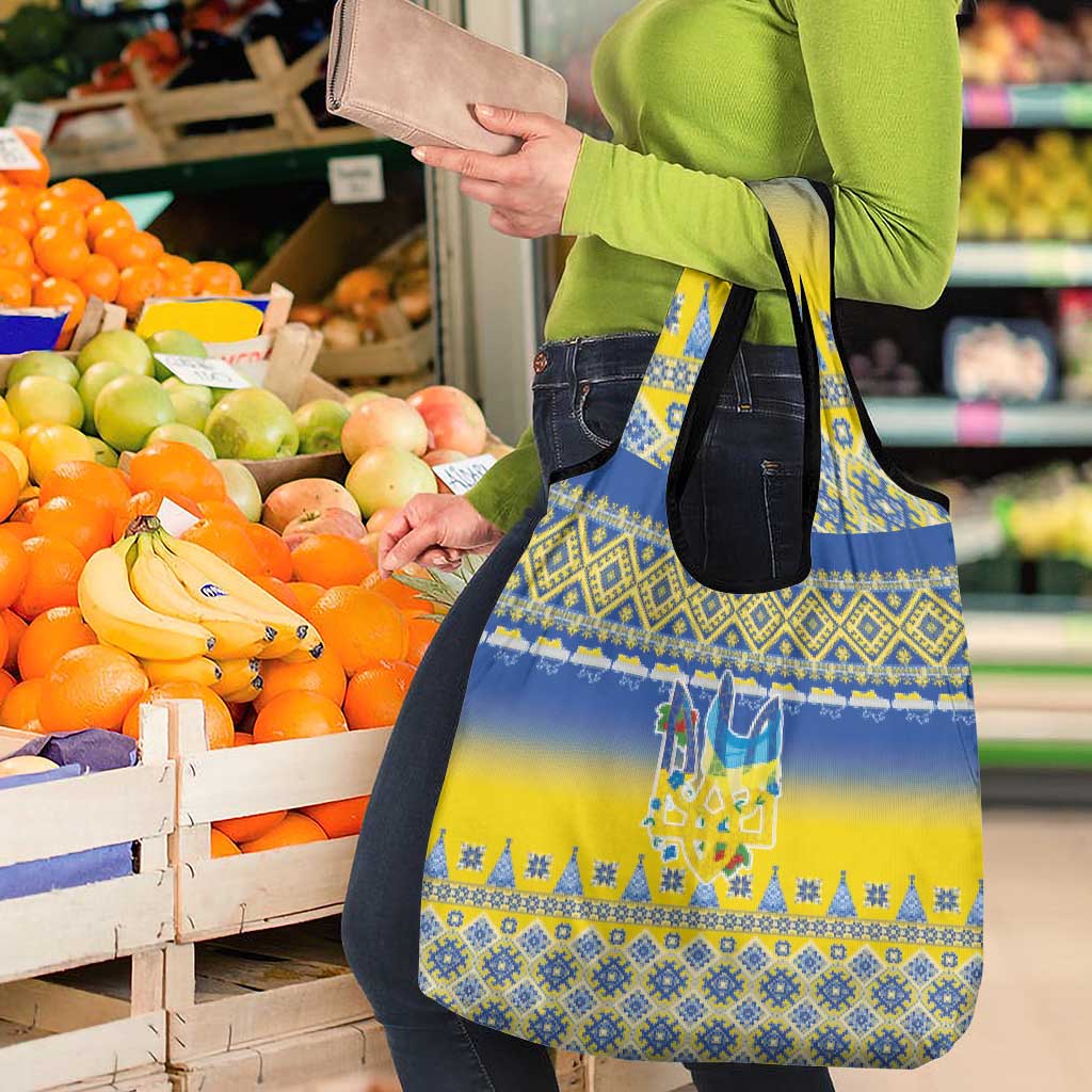 Ukraine Merry Christmas Grocery Bag Ukraine Emblem and Vyshyvanka Knitted Effect - Wonder Print Shop