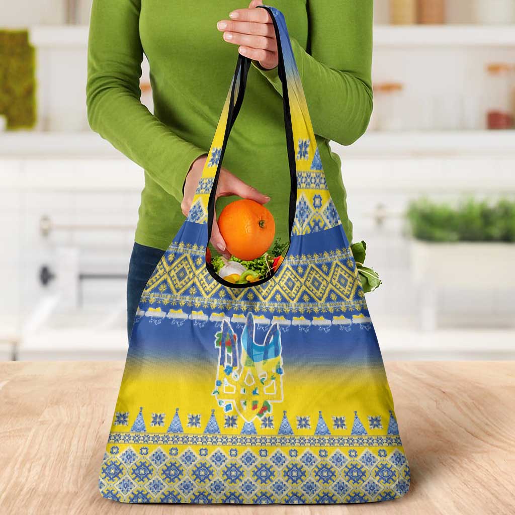 Ukraine Merry Christmas Grocery Bag Ukraine Emblem and Vyshyvanka Knitted Effect - Wonder Print Shop