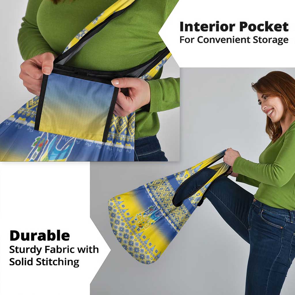 Ukraine Merry Christmas Grocery Bag Ukraine Emblem and Vyshyvanka Knitted Effect - Wonder Print Shop