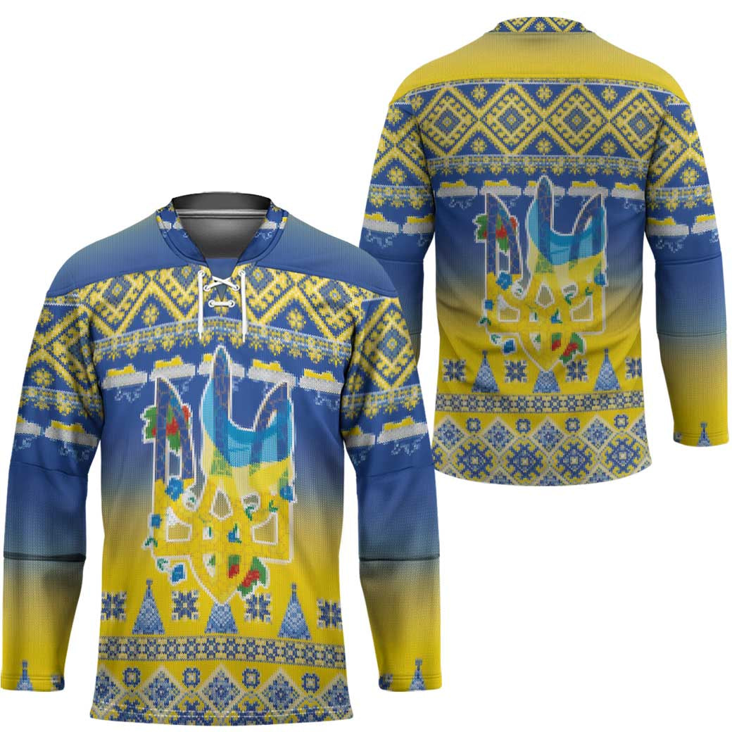 Ukraine Merry Christmas Hockey Jersey Ukraine Emblem and Vyshyvanka Knitted Effect - Wonder Print Shop
