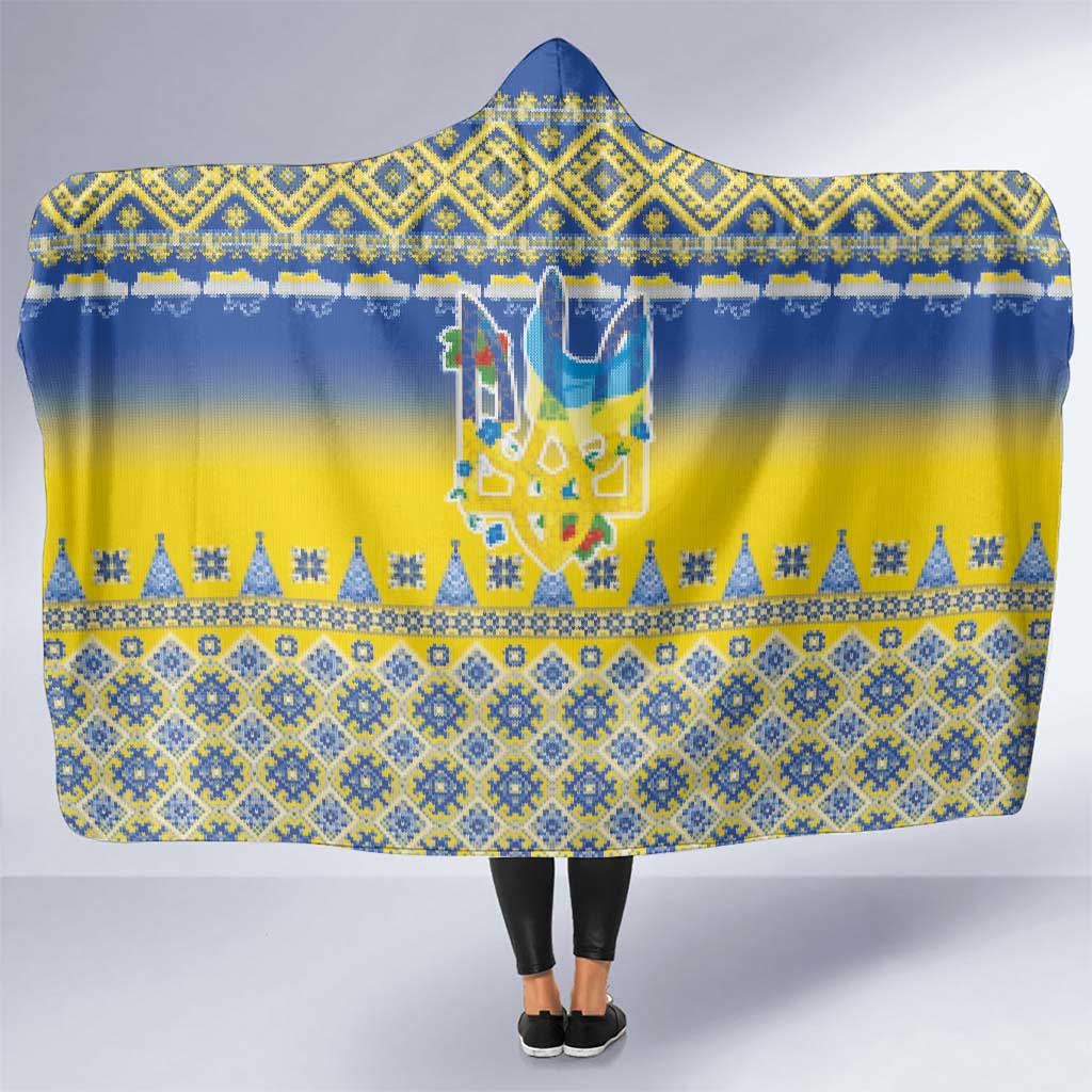 Ukraine Merry Christmas Hooded Blanket Ukraine Emblem and Vyshyvanka Knitted Effect - Wonder Print Shop