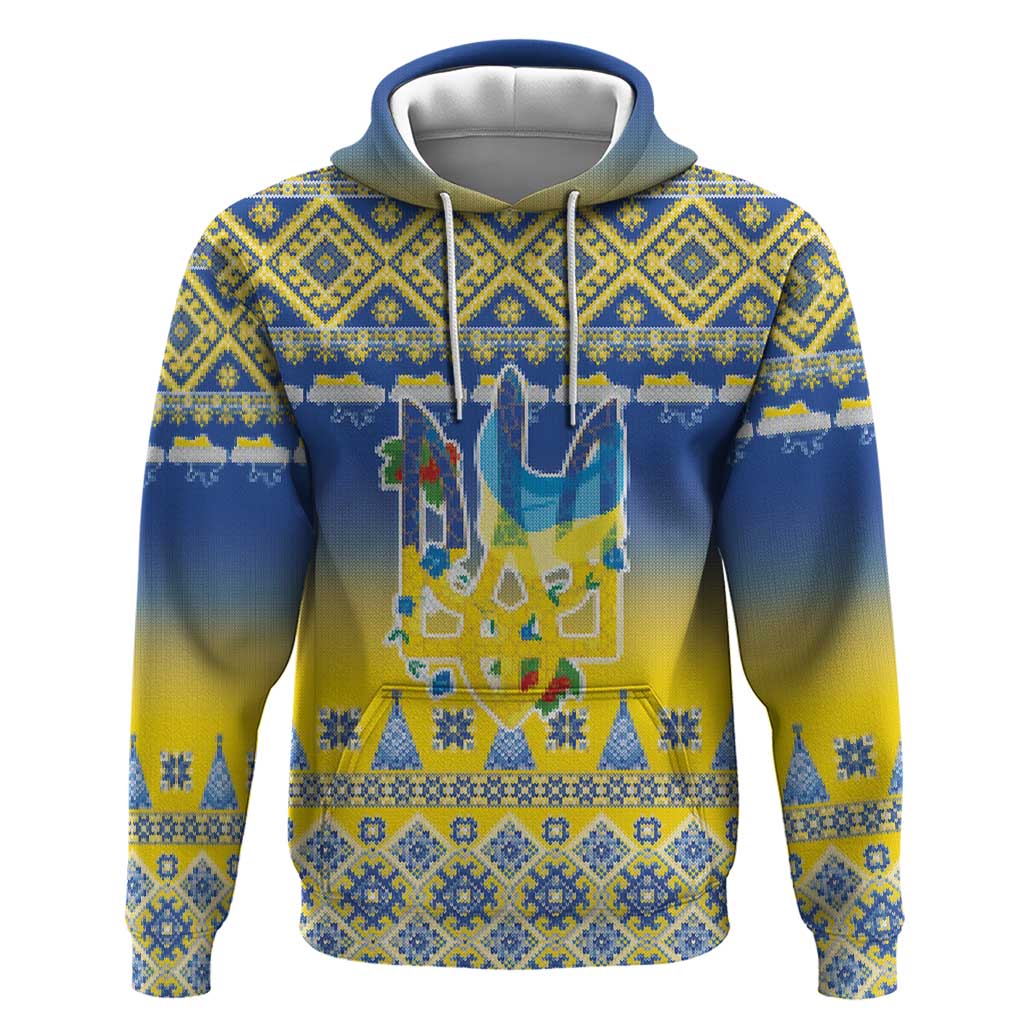 Ukraine Merry Christmas Hoodie Ukraine Emblem and Vyshyvanka Knitted Effect - Wonder Print Shop