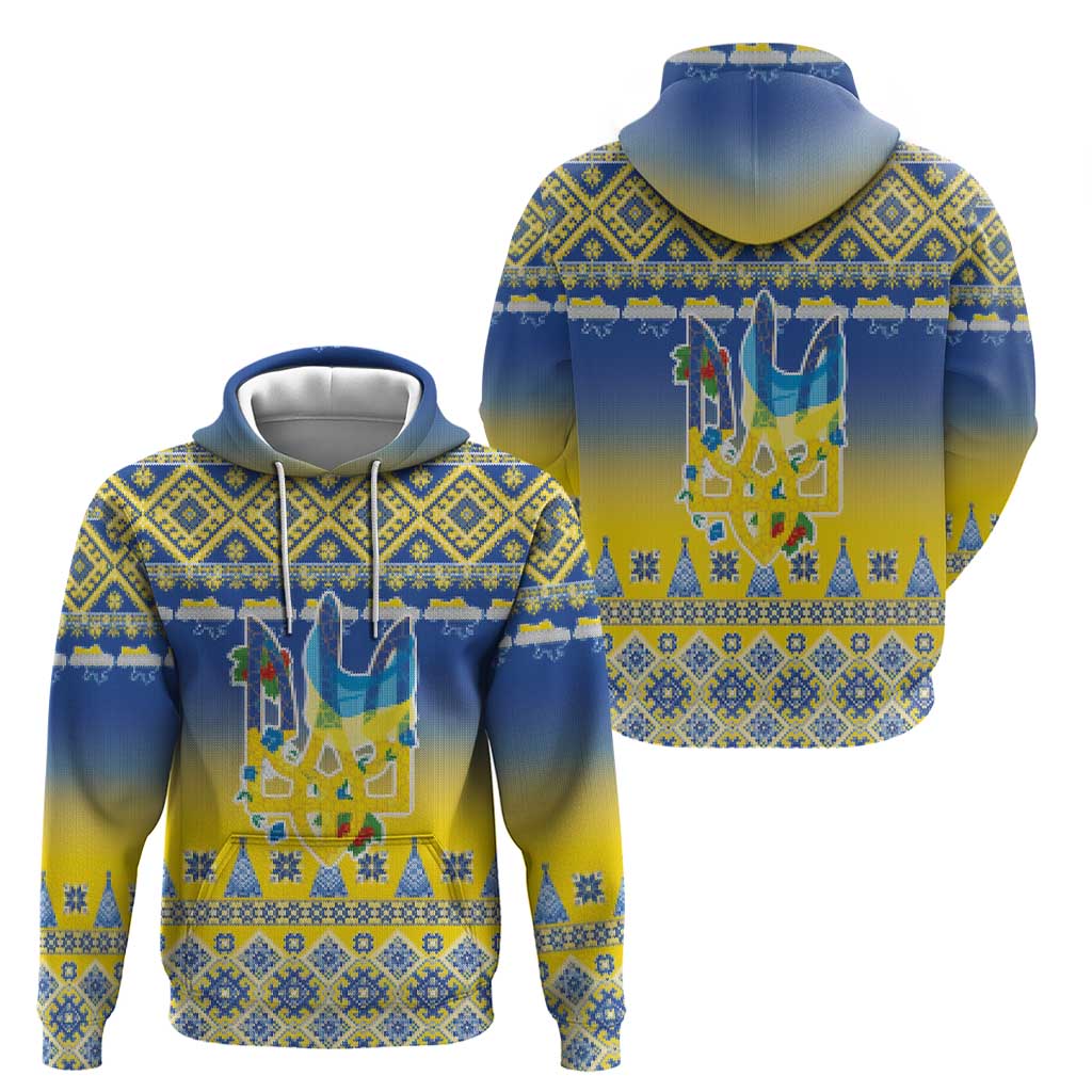 Ukraine Merry Christmas Hoodie Ukraine Emblem and Vyshyvanka Knitted Effect - Wonder Print Shop